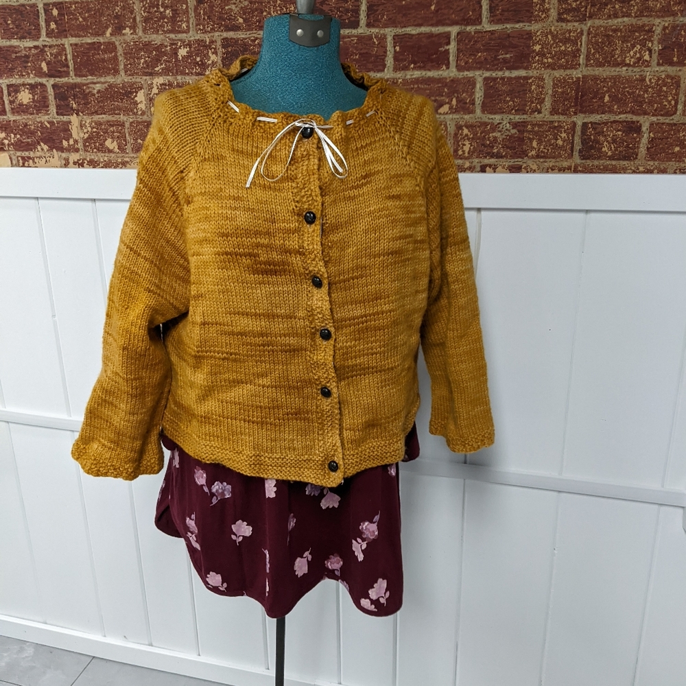 Hand knit Wool rustic Gold/Mustard ladies cardigan, knit picks yarn